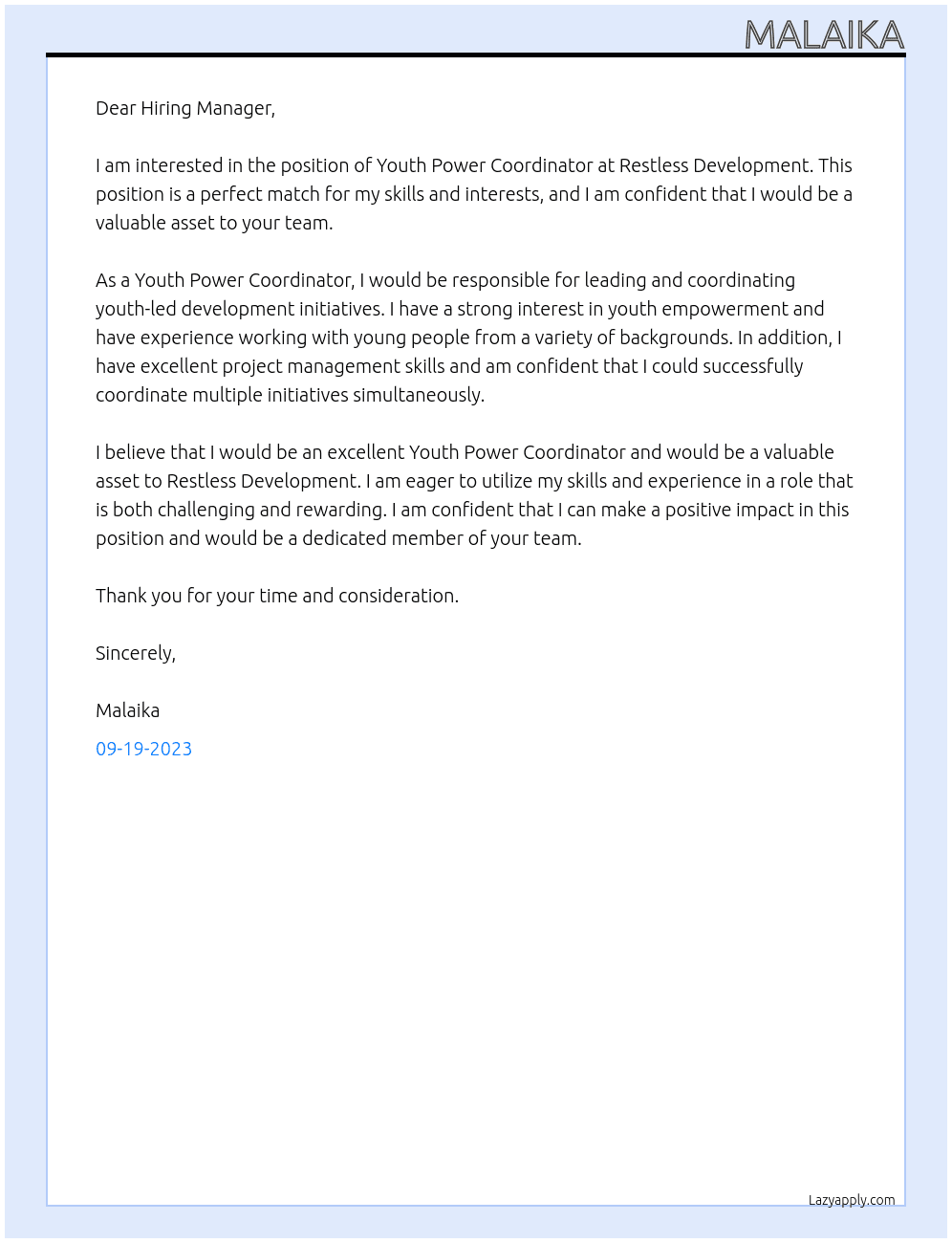 youth power coordinator At restless development Cover Letter