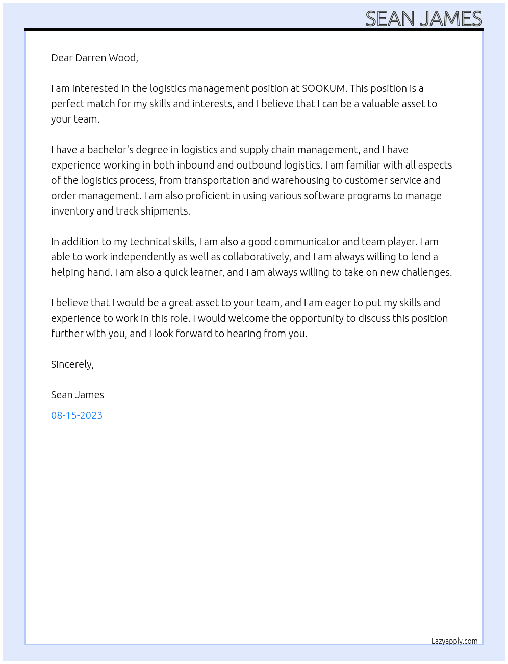 logistics management At SOOKUM Cover Letter