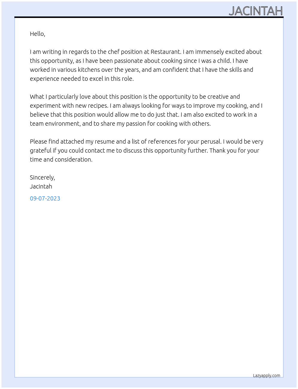 chef At resturant Cover Letter
