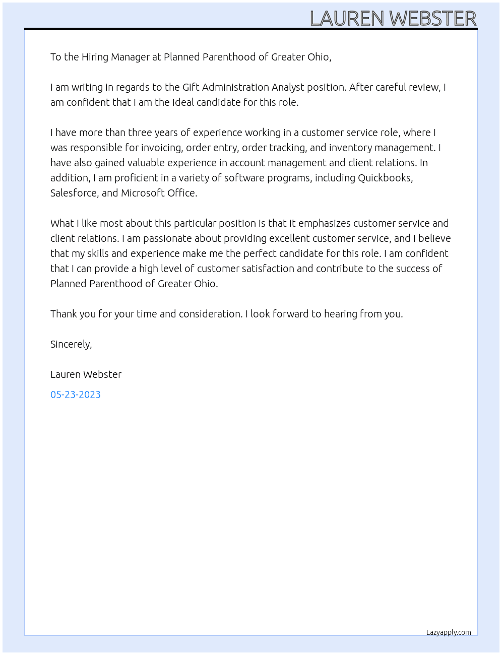 Gift Administration Analyst At Planned Parenthood of Greater Ohio Cover Letter