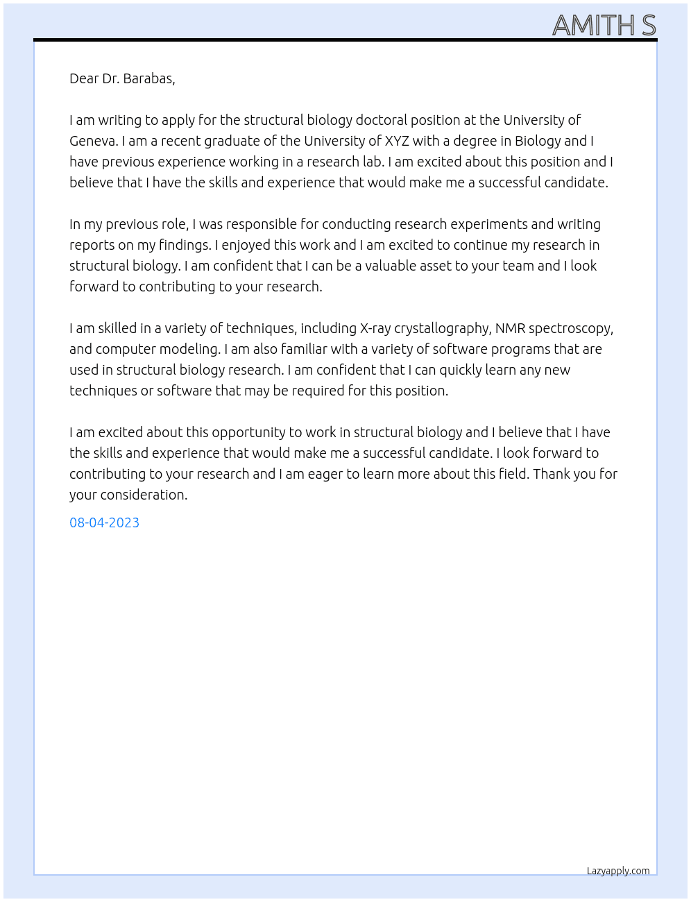 Structural biology doctoral position At University of Geneva Cover Letter