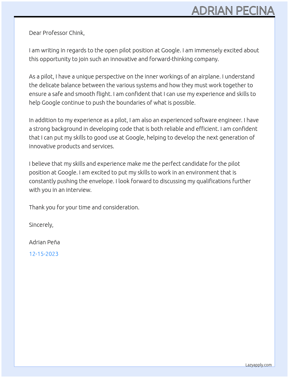 pilot At google Cover Letter