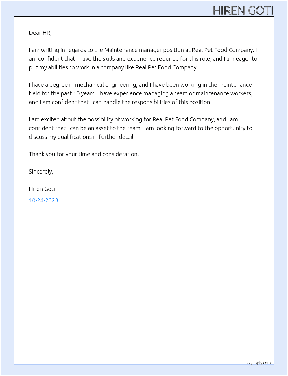 Maintenance manager At Real Pet Food Company Cover Letter