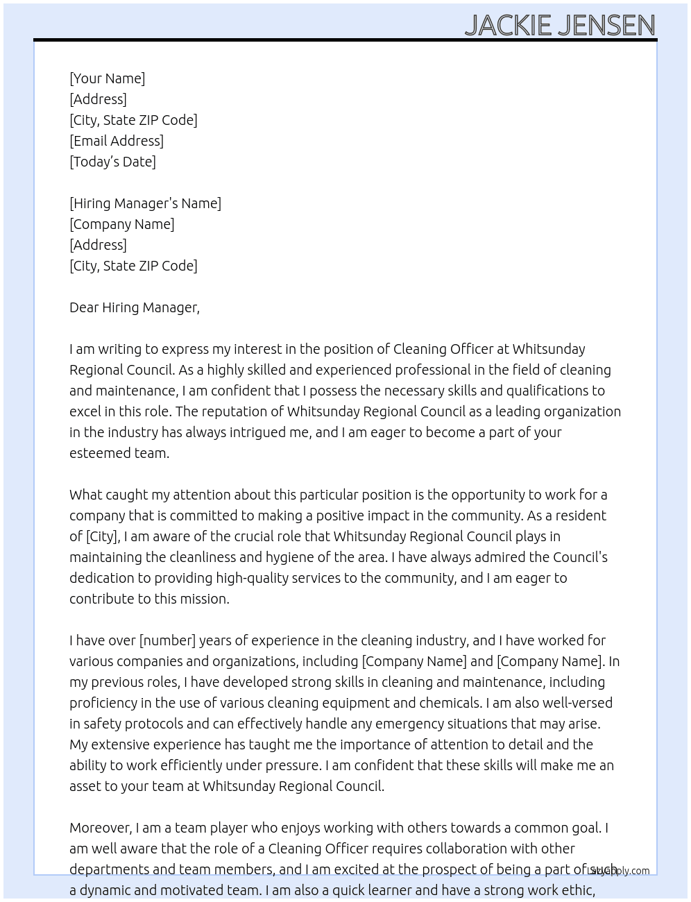 Cleaning Officer At Whitsunday Regional Council Cover Letter