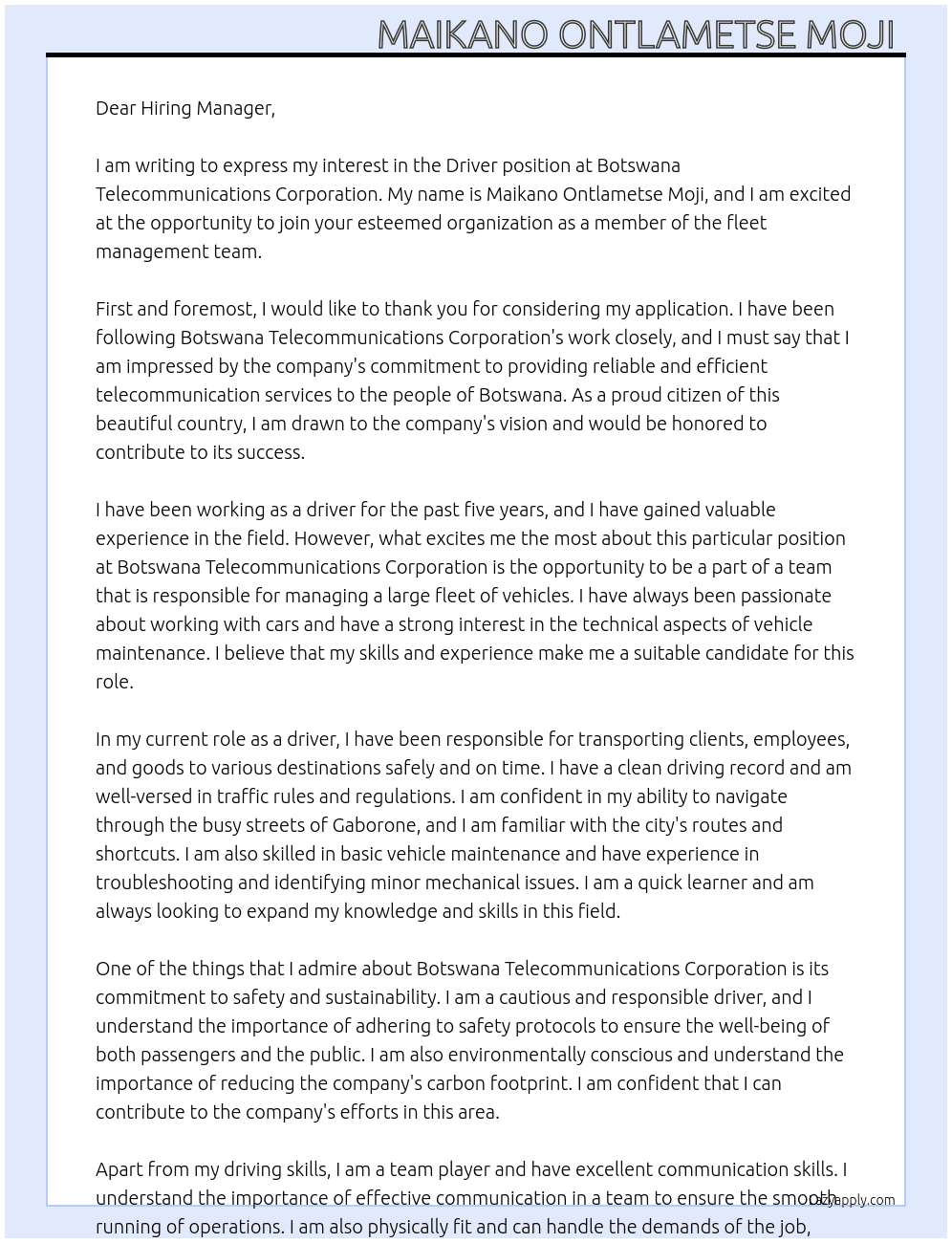 DRIVER At Botswana Telecommunications Corporation  Cover Letter