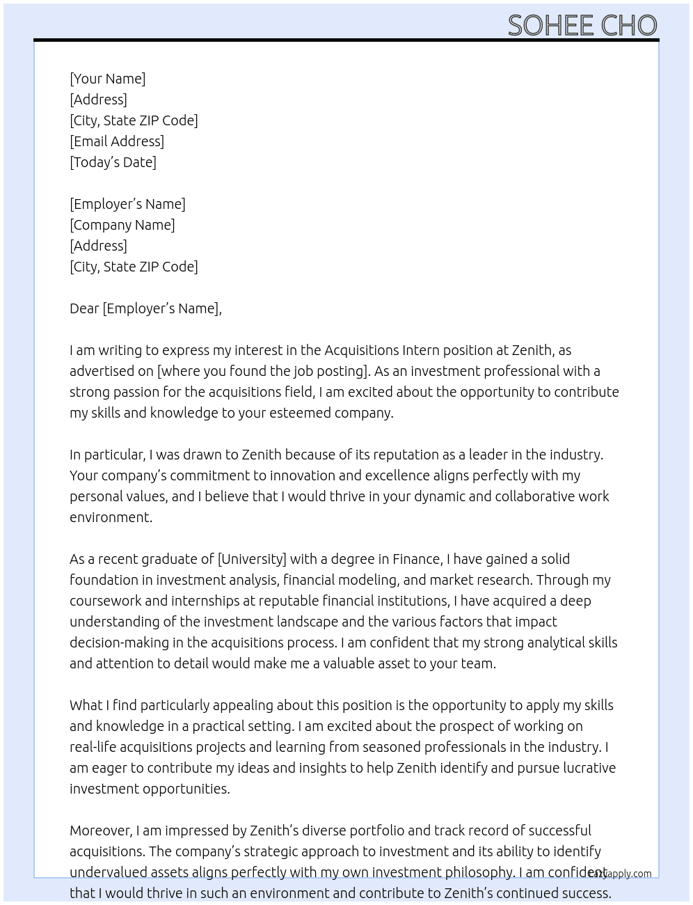 Acquisitions Intern At Zenith Cover Letter