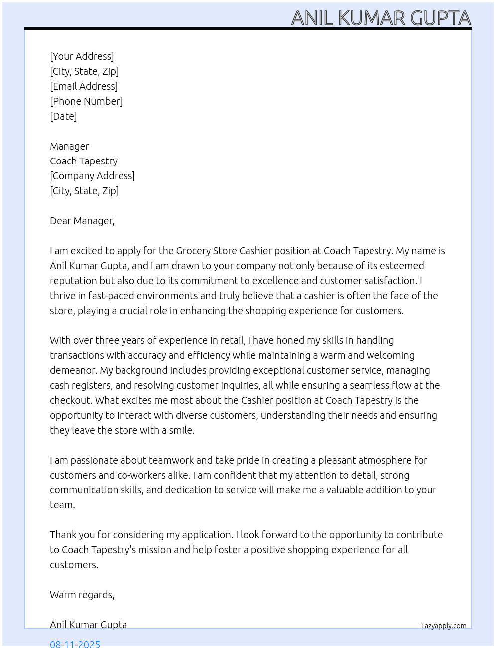 Grocery Store Cashier At Coach Tapestry  Cover Letter