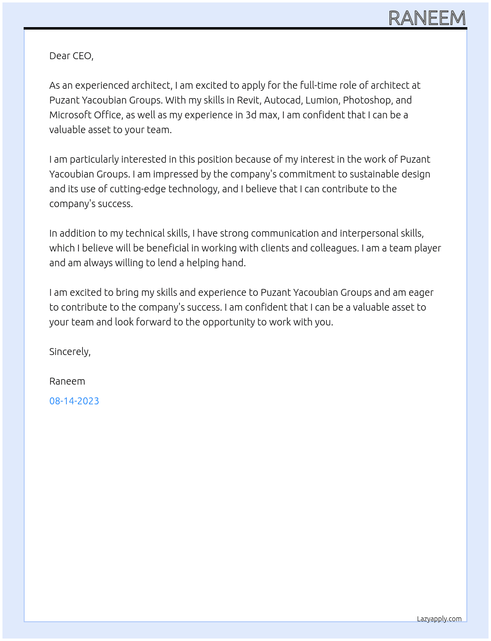 Architecture  At Puzant Yacoubian Groups Cover Letter