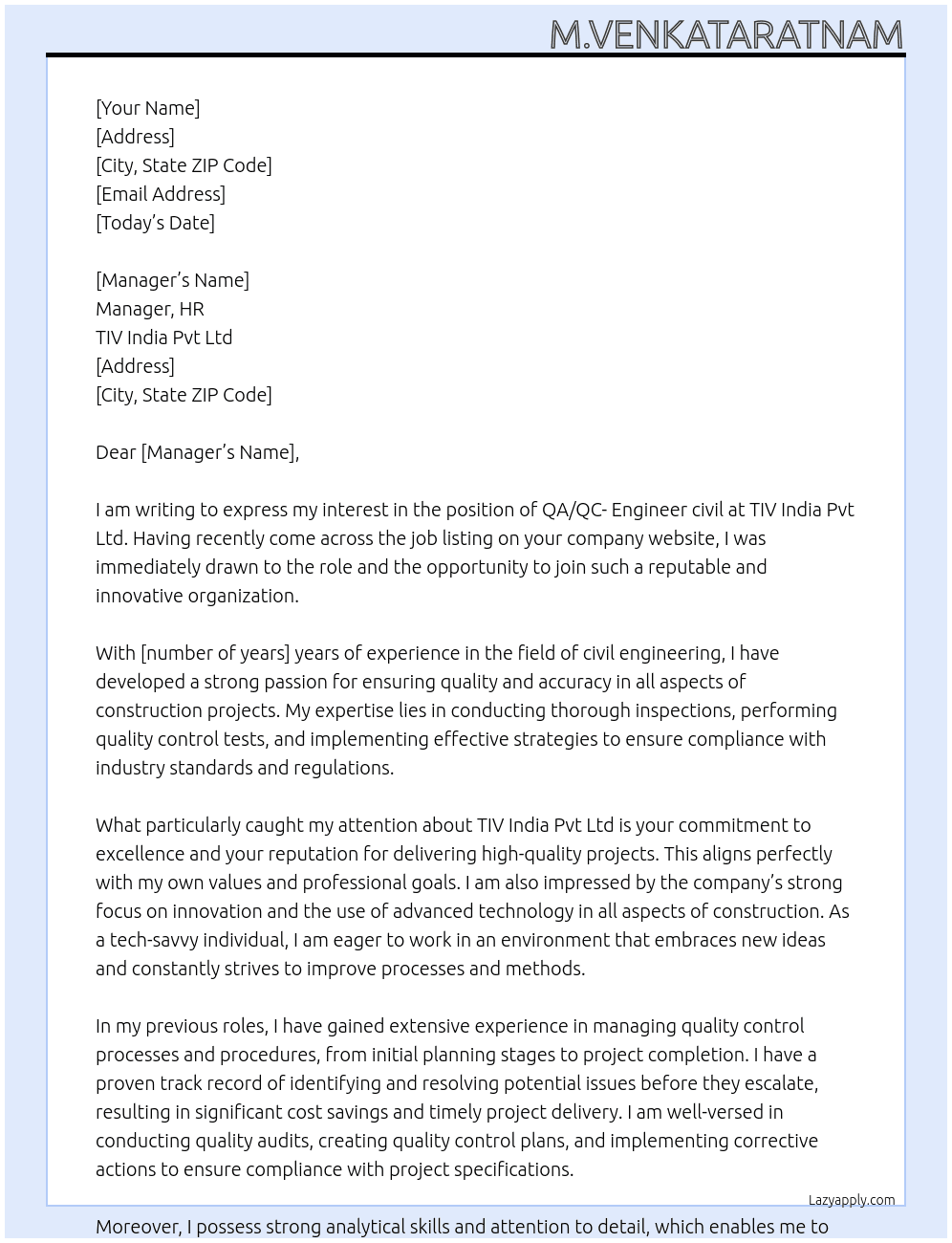 QA/QC- Engineer civil At TIV India Pvt ltd Cover Letter