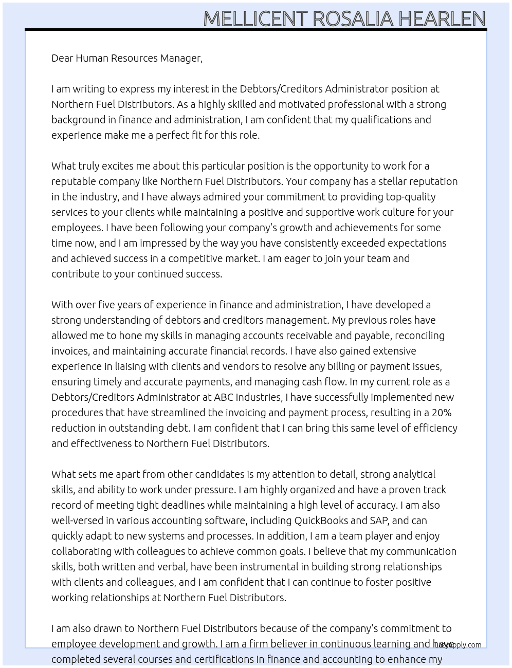 Debtors/Creditors Administrator At Northern Fuel Distributors  Cover Letter