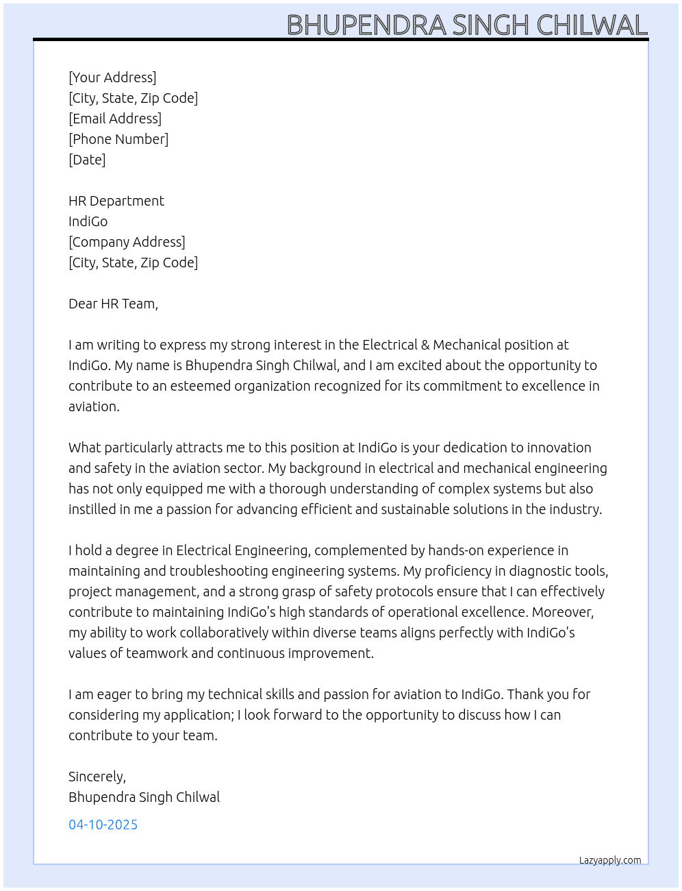 Cover letter for electrical & mechanical - LazyApply
