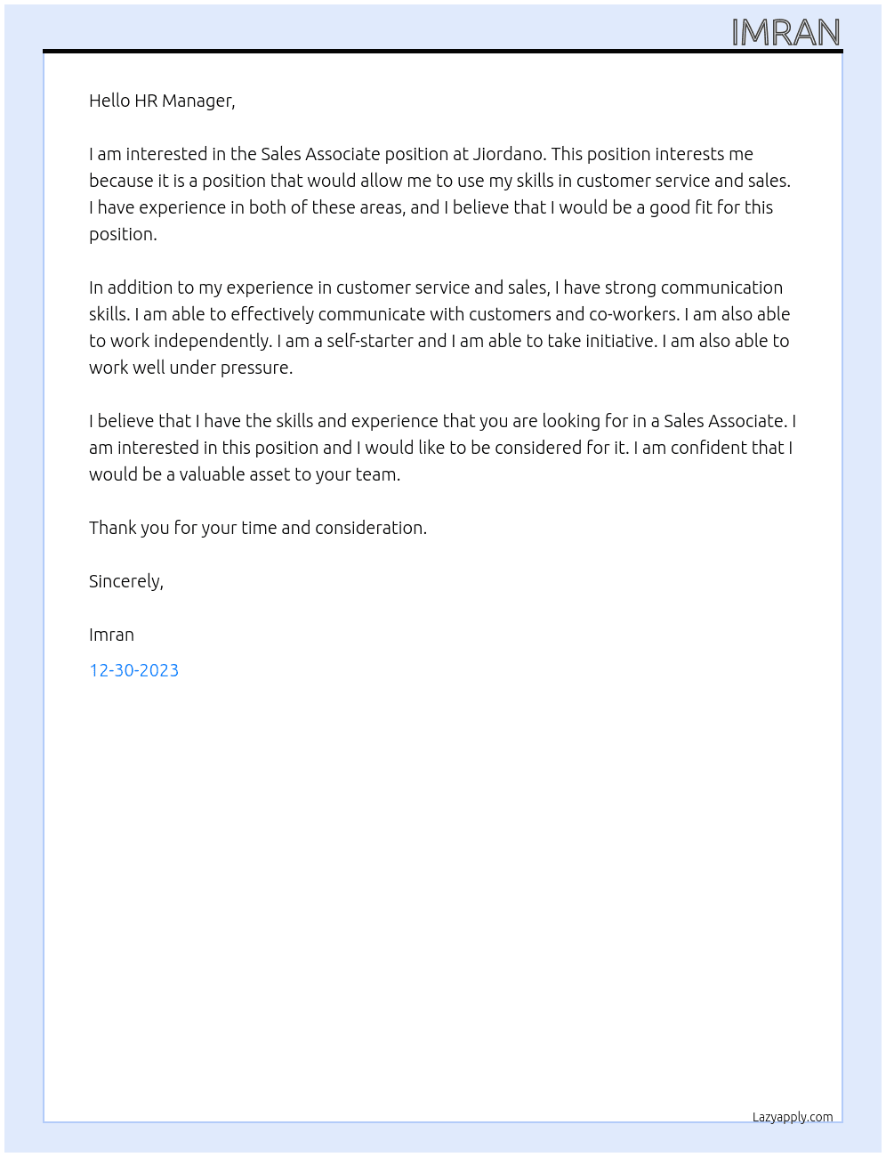 Sales associate  At Jiordano Cover Letter
