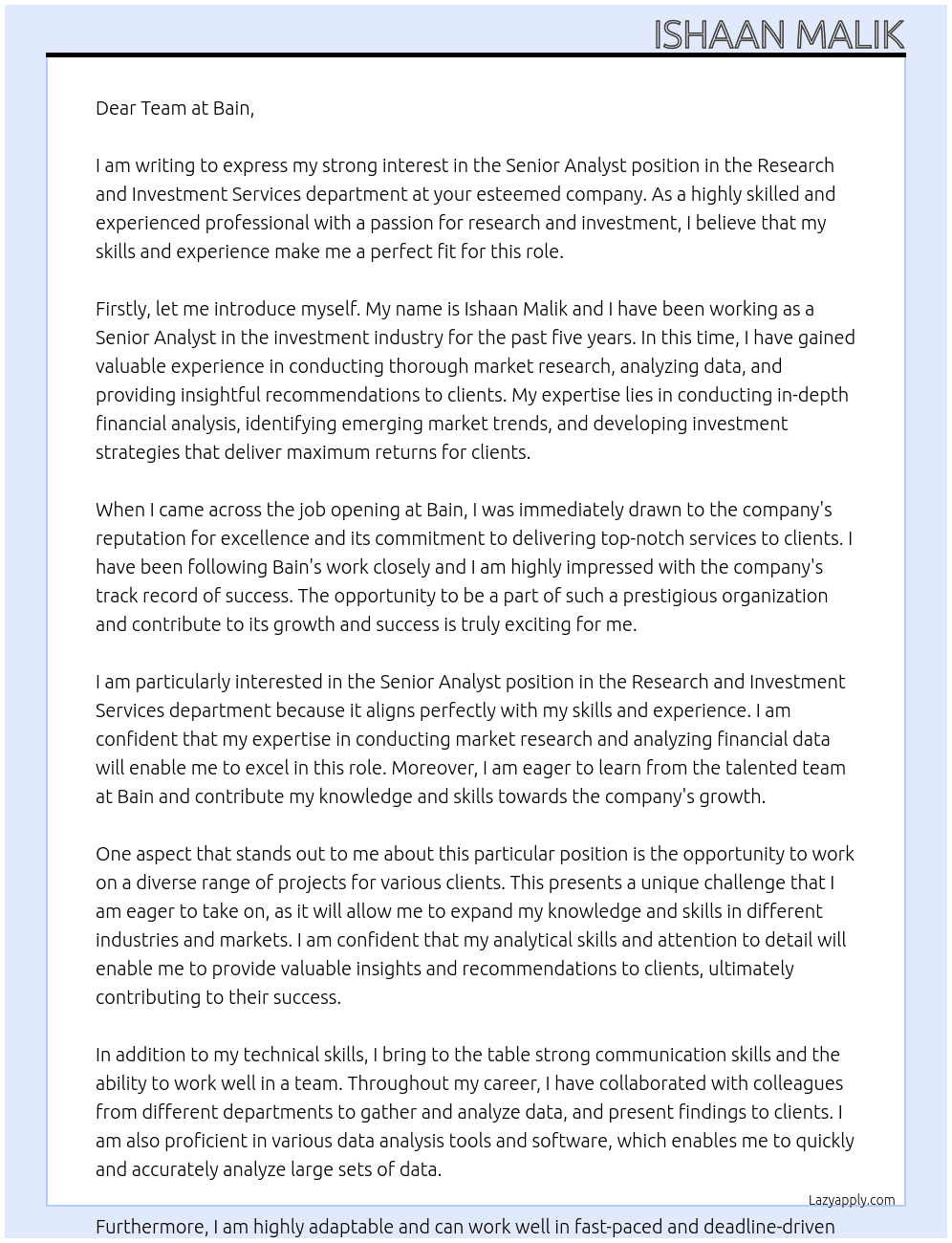 Senior Analyst - Research and Investment Services At Bain Cover Letter