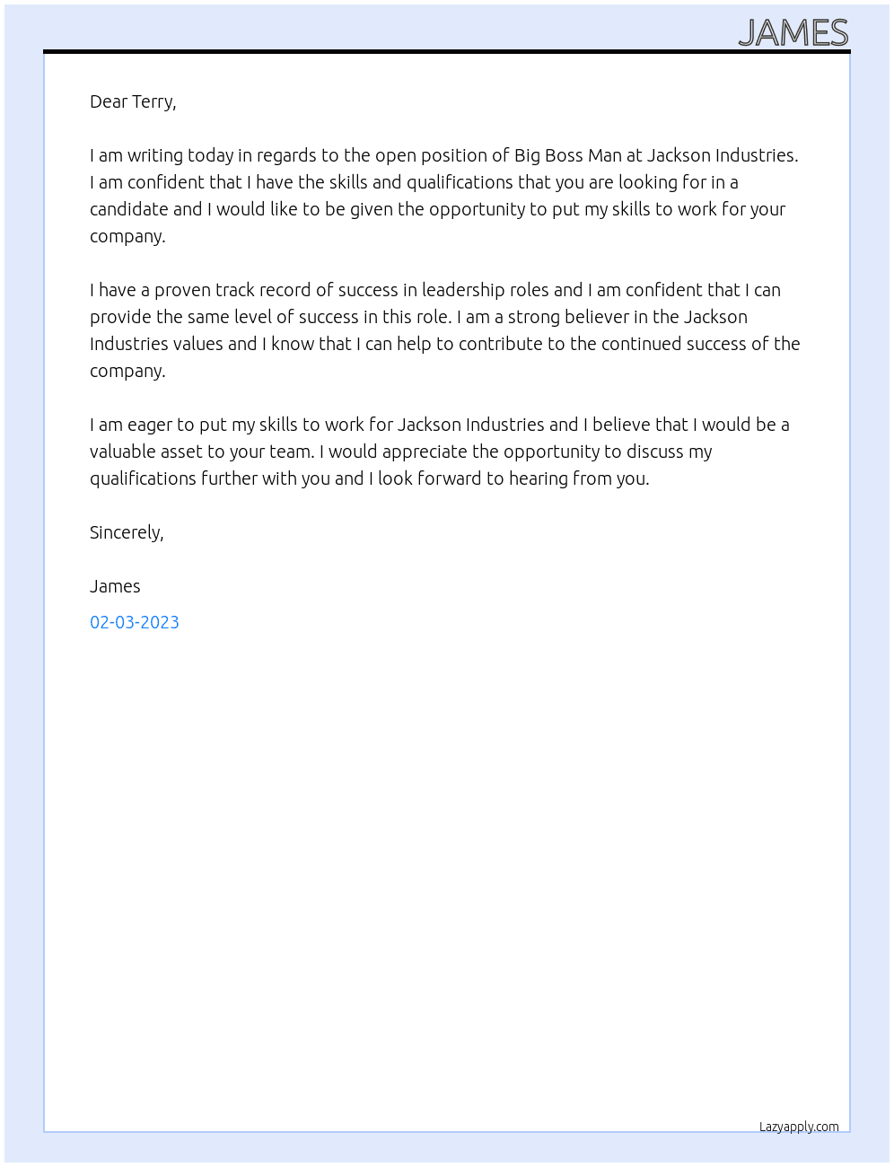 Big Boss Man At Jackson Industries Cover Letter