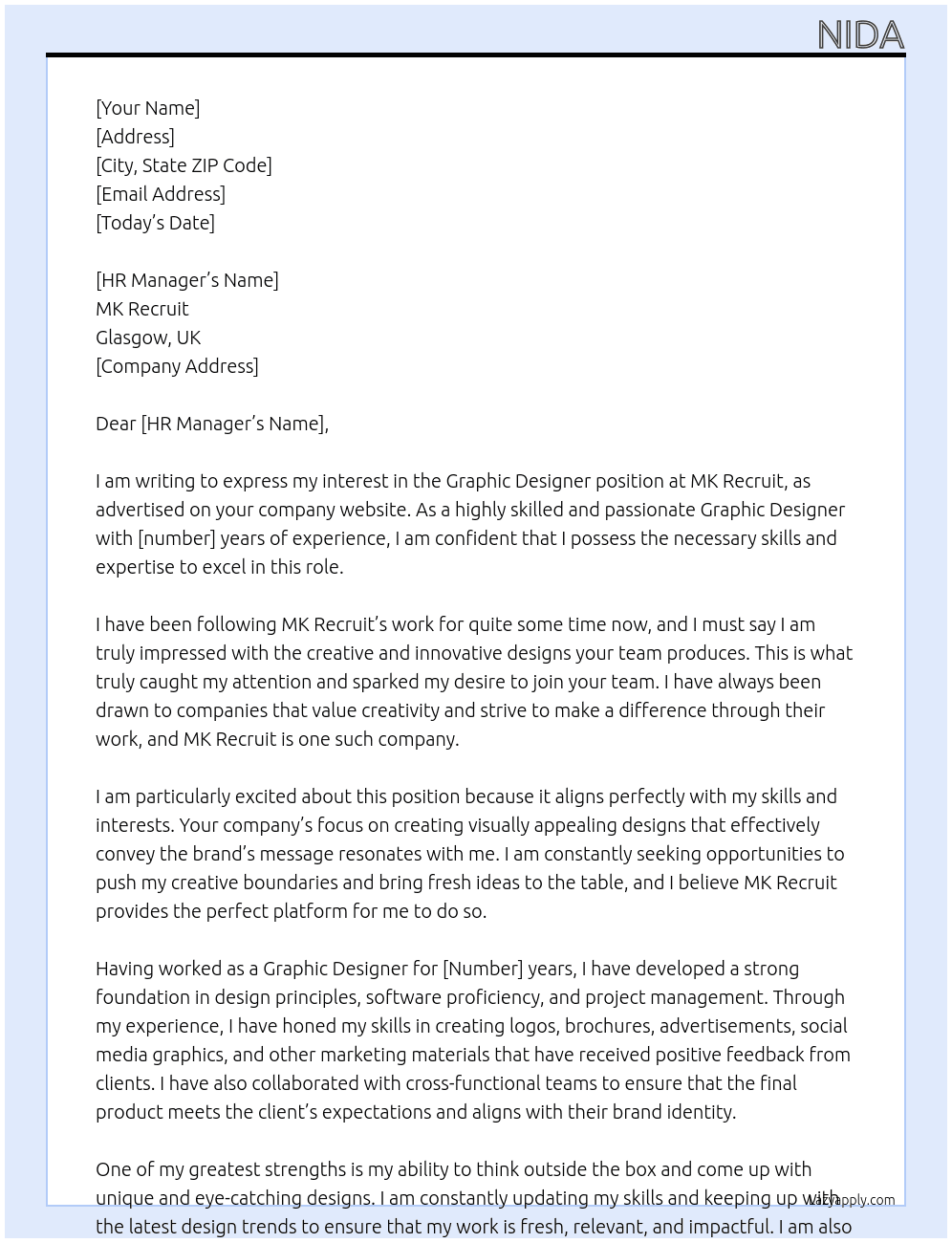 Graphic Designer At MK Recruit - Glasgow Cover Letter