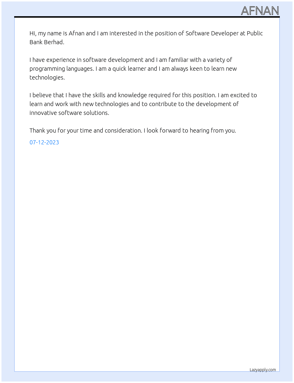 Software Developer At Public Bank Berhad Cover Letter