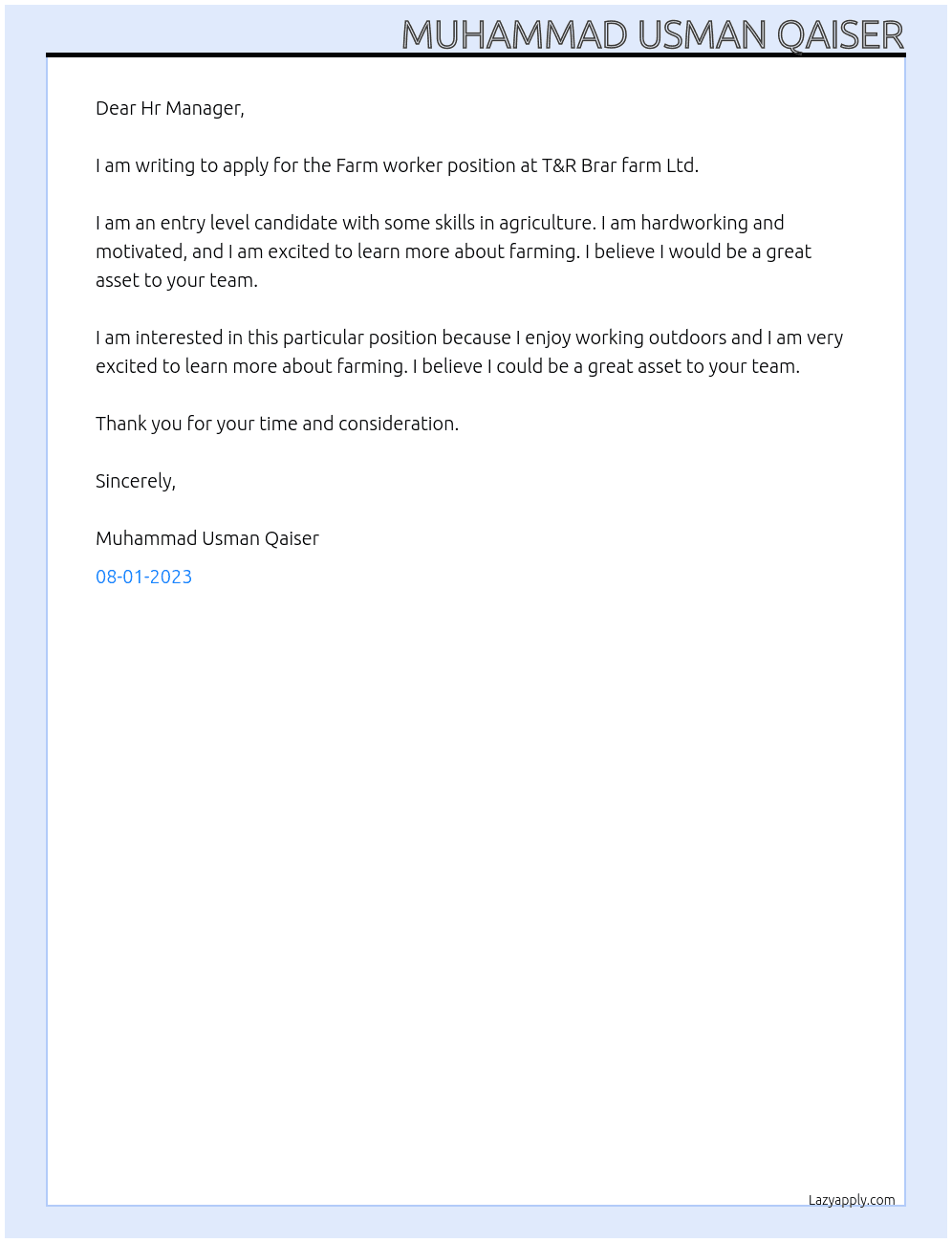 Farm worker  At T&R Brar farm Ltd. Cover Letter