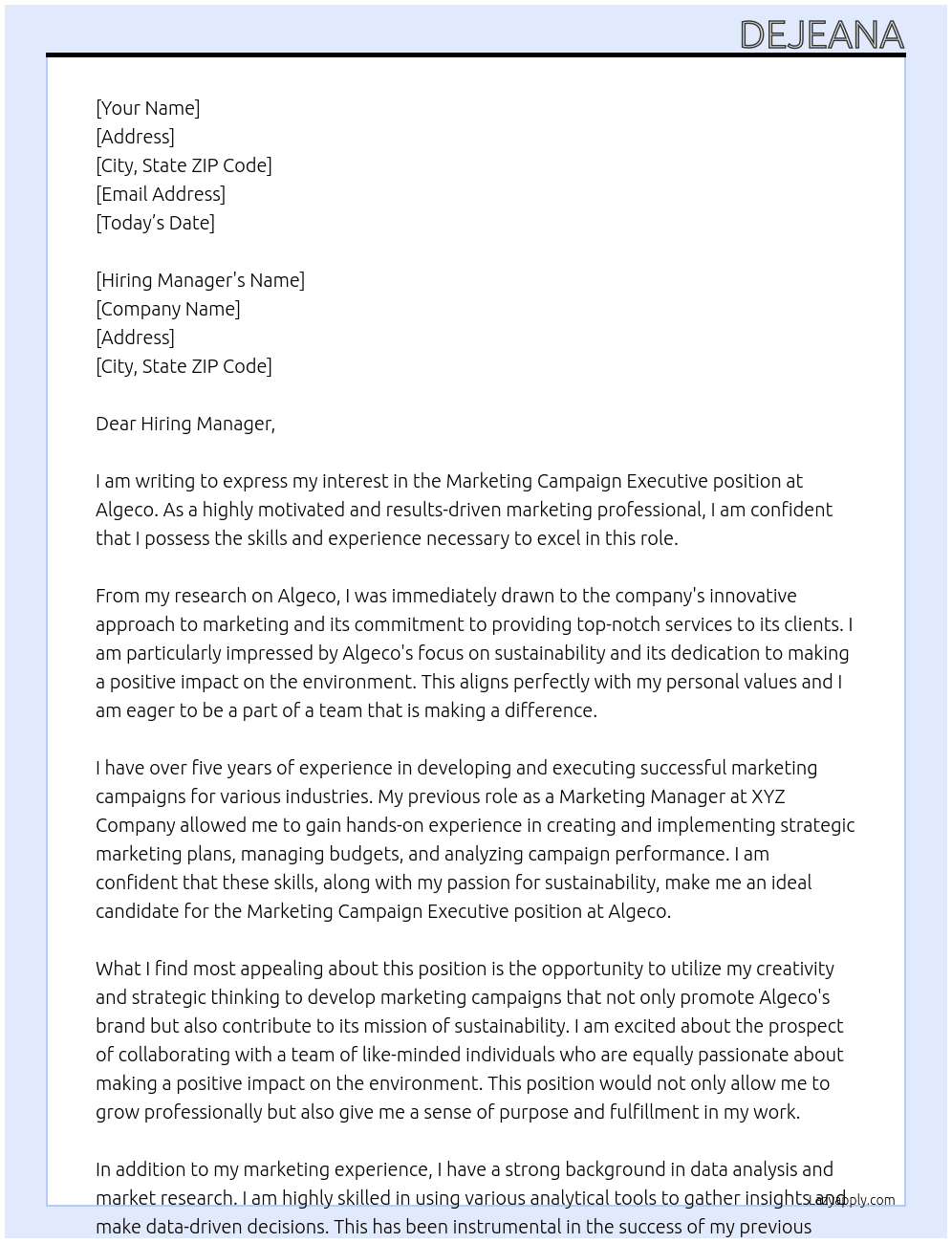 Cover letter for marketing campaign executive - LazyApply