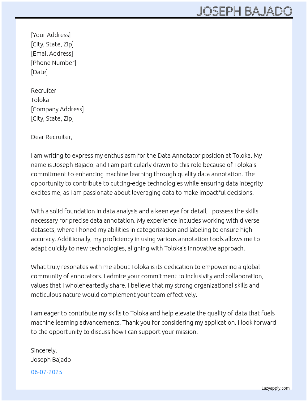 Data Annotator At Toloka Cover Letter