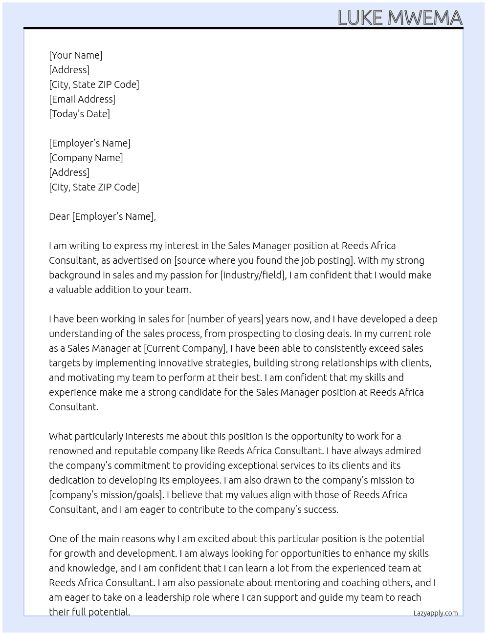 Sales manager At Reeds Africa Consultant Cover Letter