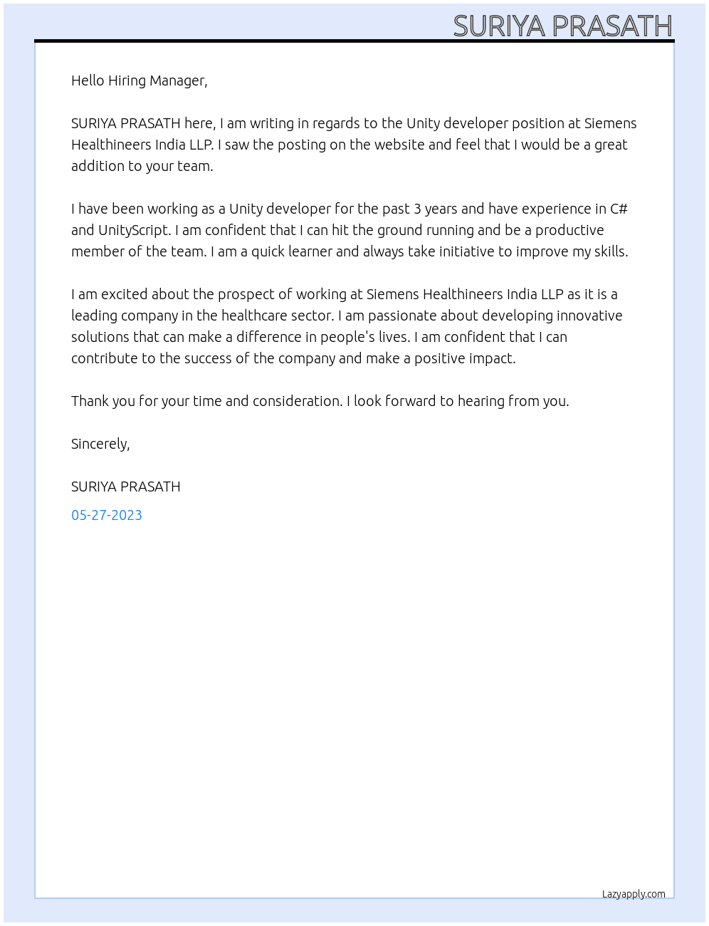 Unity developer At Siemens Healthineers India LLP Cover Letter