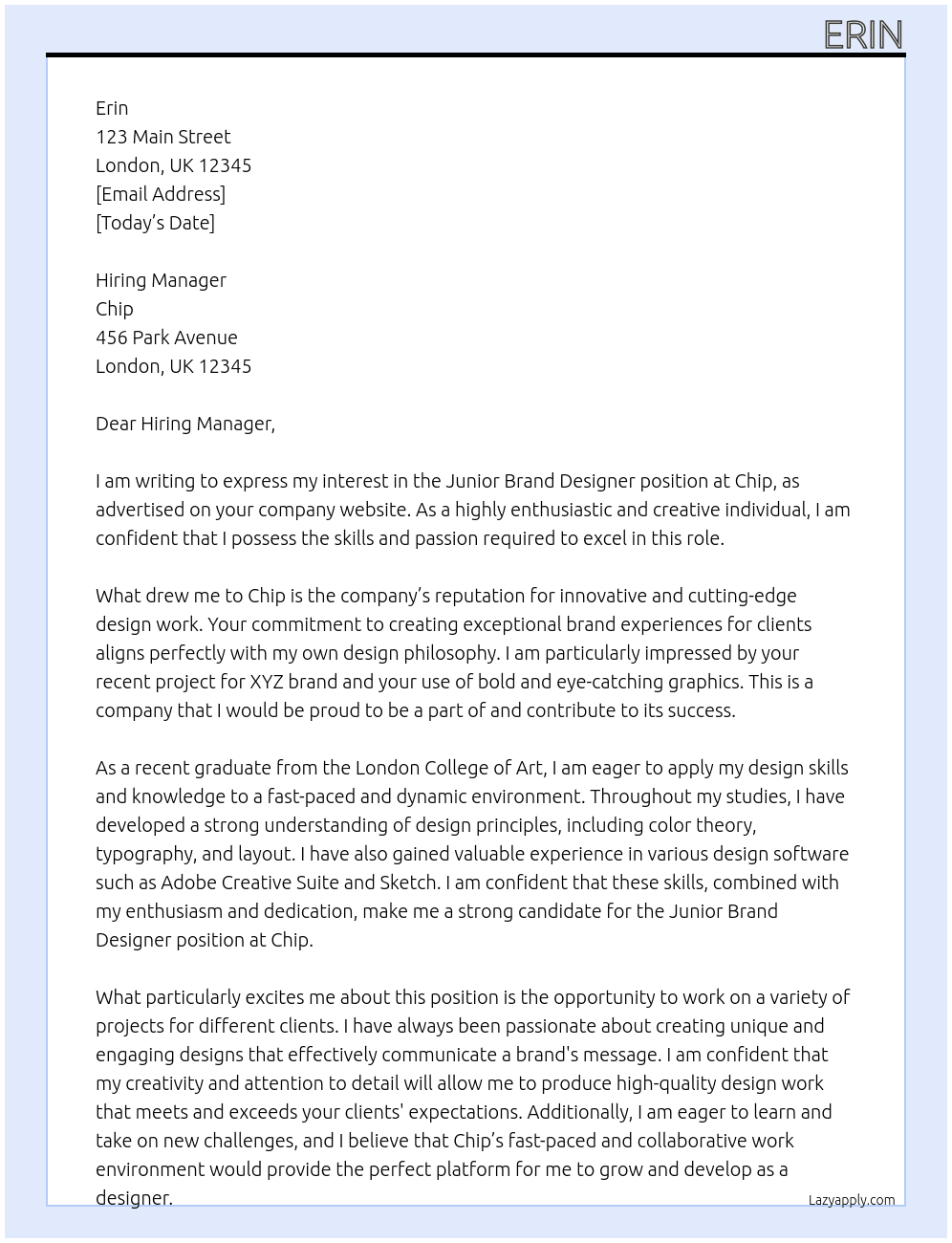Junior Brand Designer At Chip Cover Letter