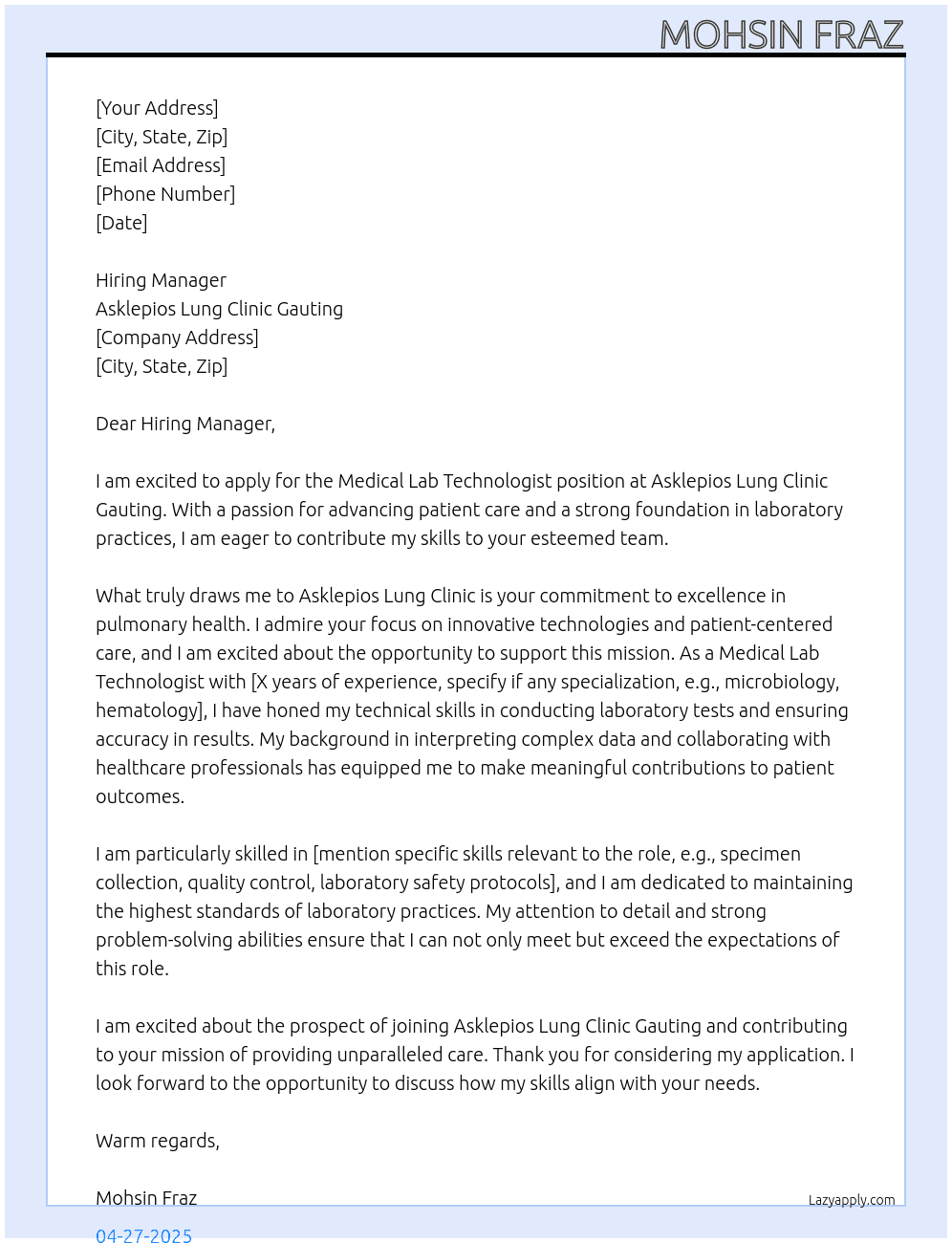 Medical Lab Technologist At Asklepios Lung Clinic Gauting Cover Letter