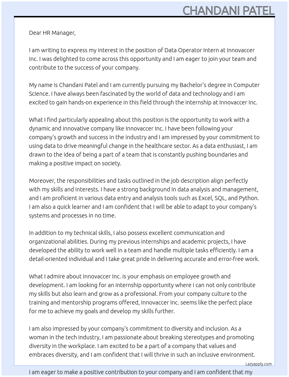 Data operator intern At Innovaccer Inc. Cover Letter