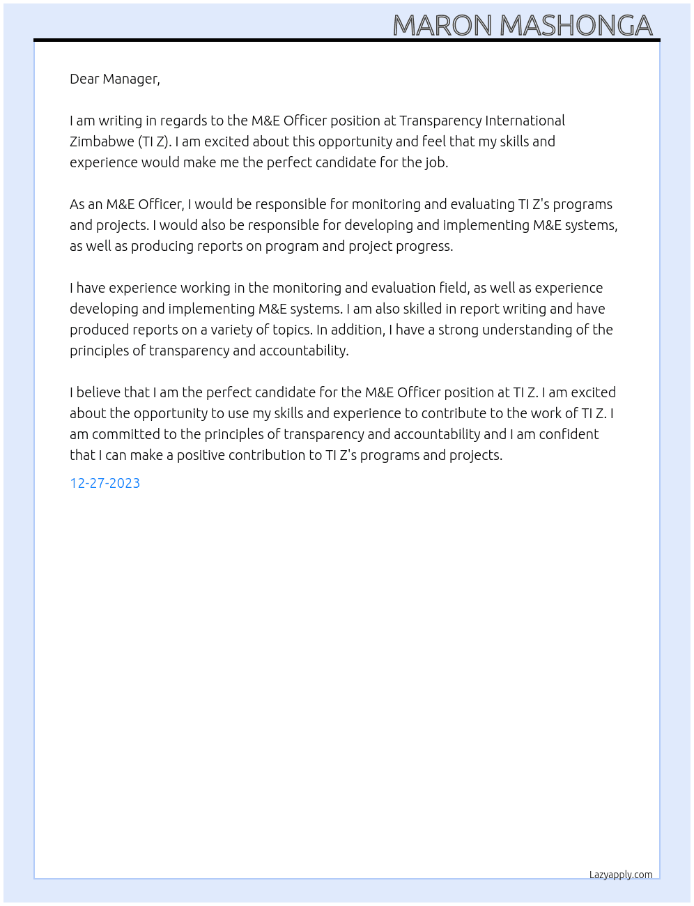 M&E OFFICER  At Transparency International Zimbabwe (TI Z Cover Letter