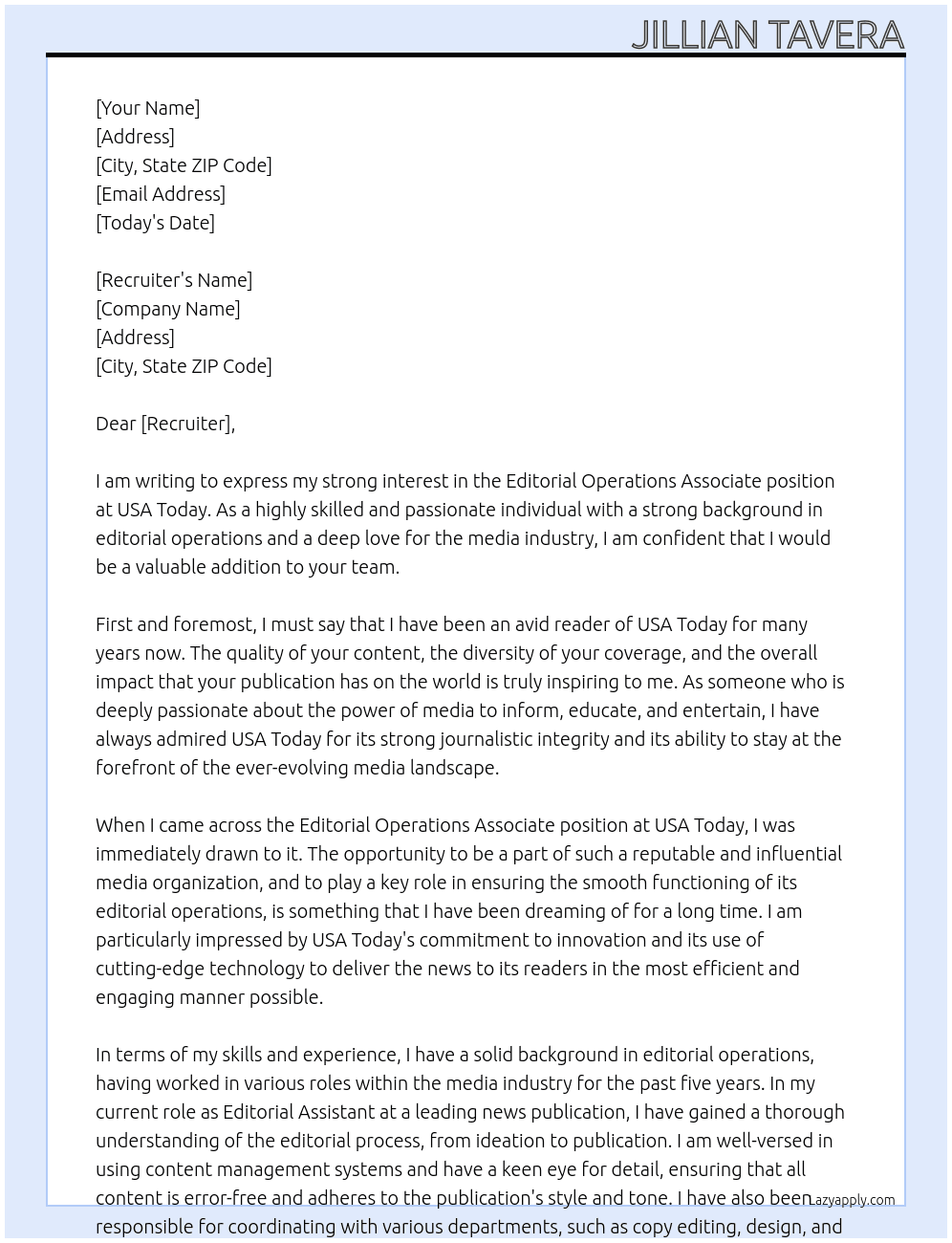 Editorial Operations Associate At USA Today Cover Letter