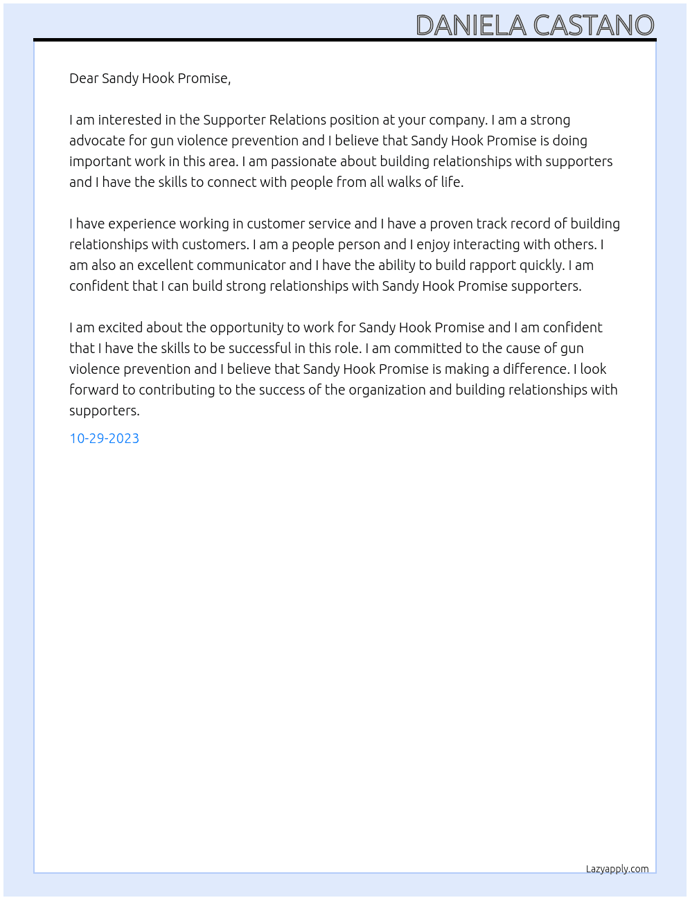Supporter Relations At Sandy Hook Promise Cover Letter