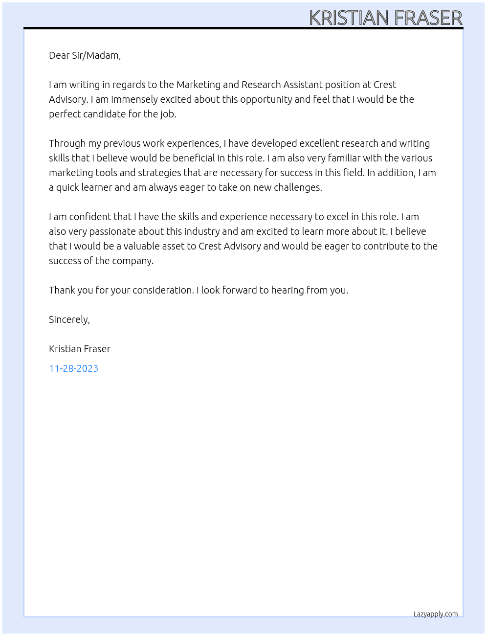 Marekting and Research Assisstant  At Crest Advisory Cover Letter