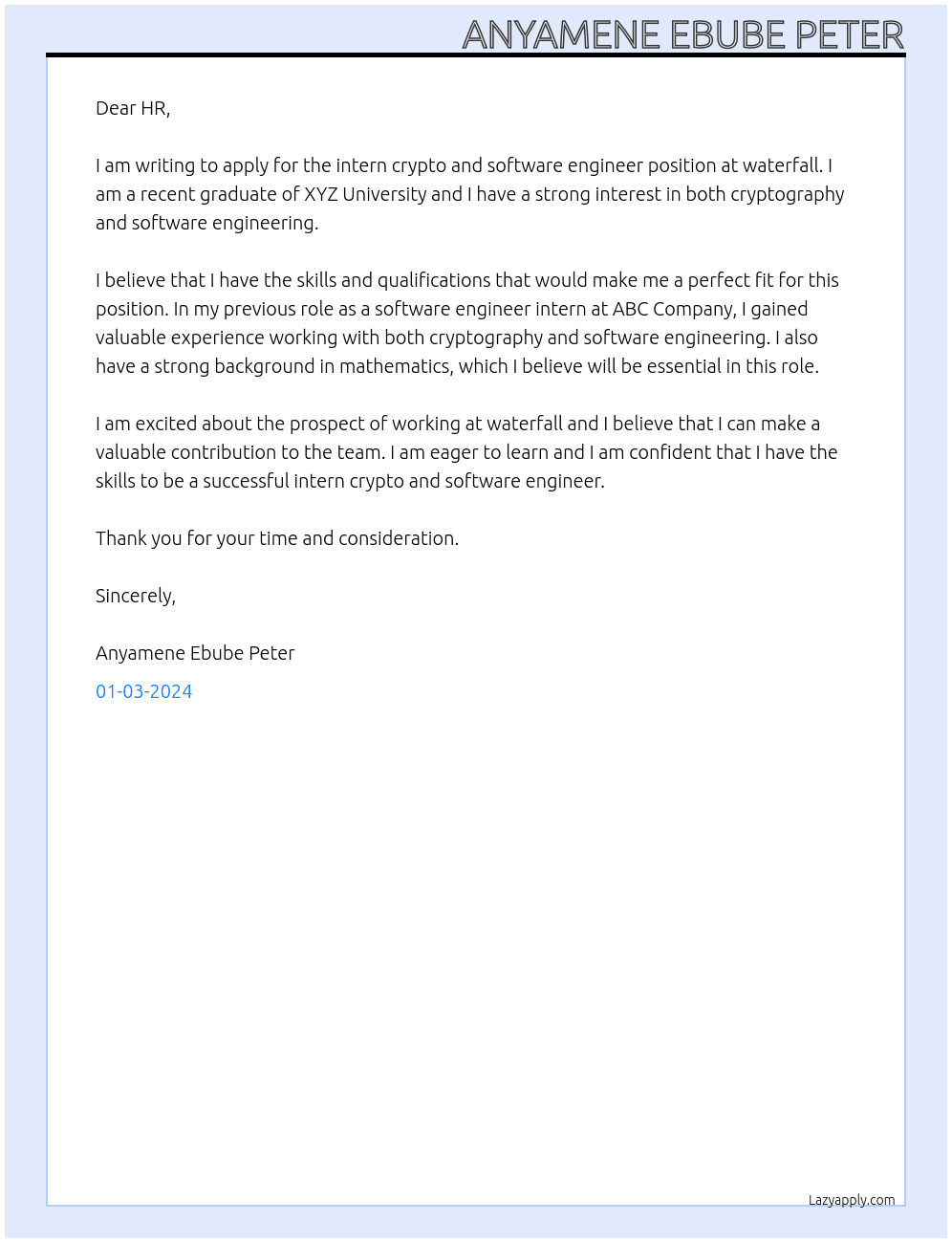 intern crypto and software engineer At waterfall Cover Letter