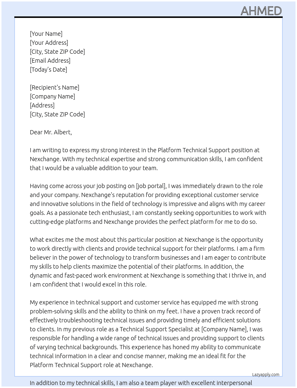 platform technical support At nexchange Cover Letter