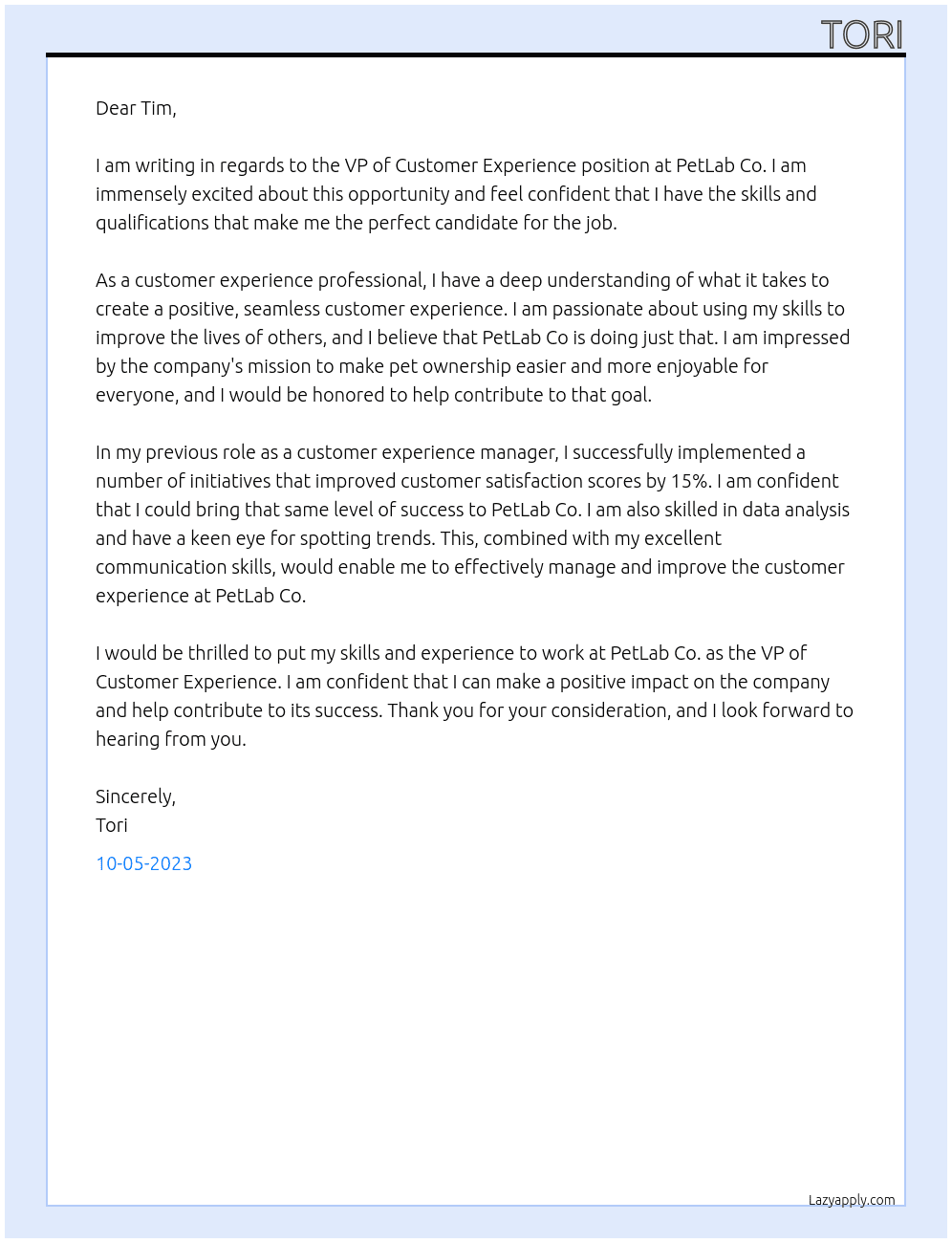 VP of Customer Experience At PetLab Co Cover Letter