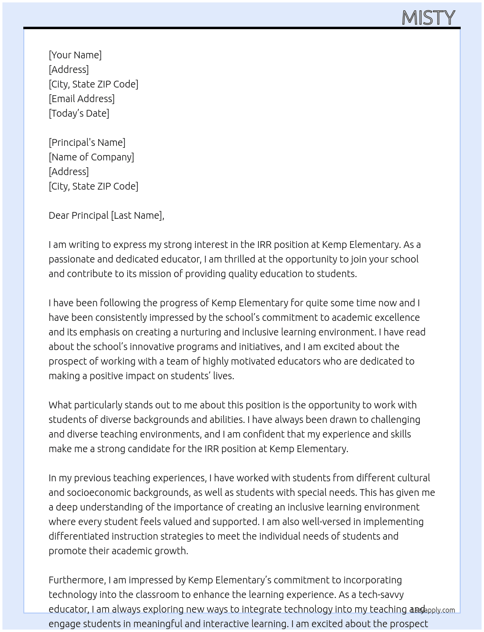 IRR  At Kemp Elementary Cover Letter