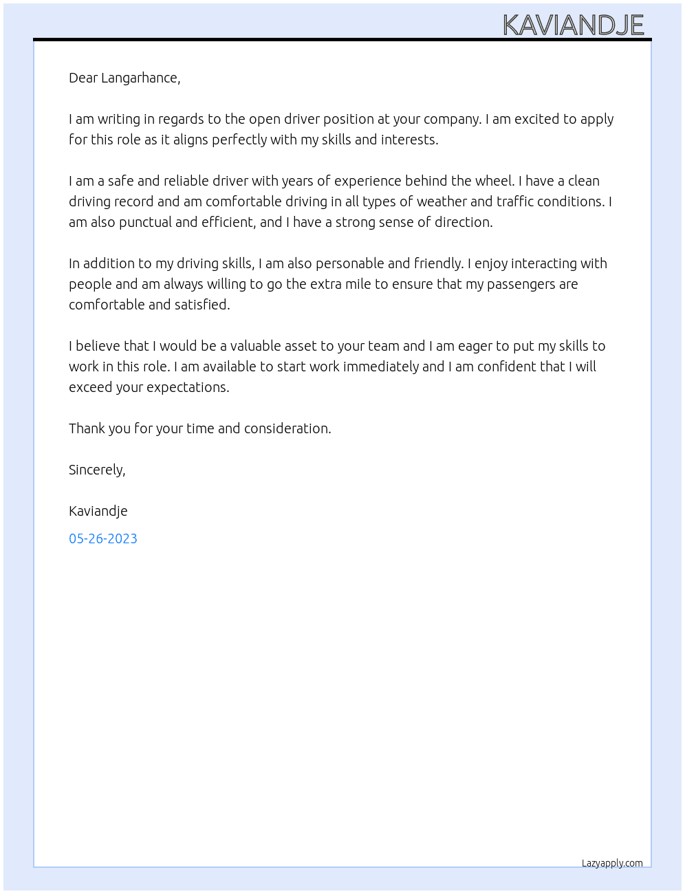 Driver  At Langarhance Cover Letter
