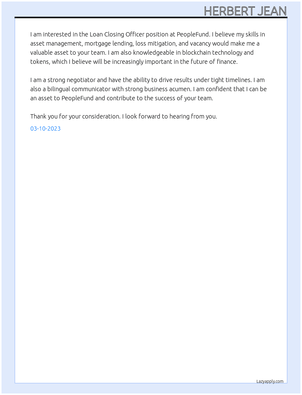 Loan Closing Officer At PeopleFund Cover Letter