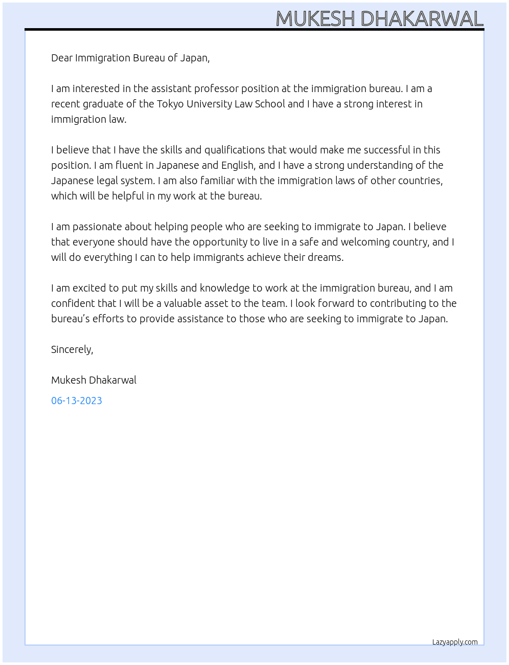 assistant professor At immigration bureau of japan Cover Letter