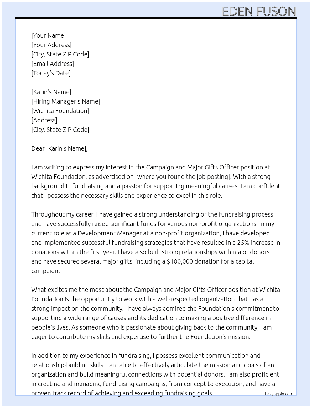 Campaign and Major Gifts Officer At Wichita Foundation Cover Letter
