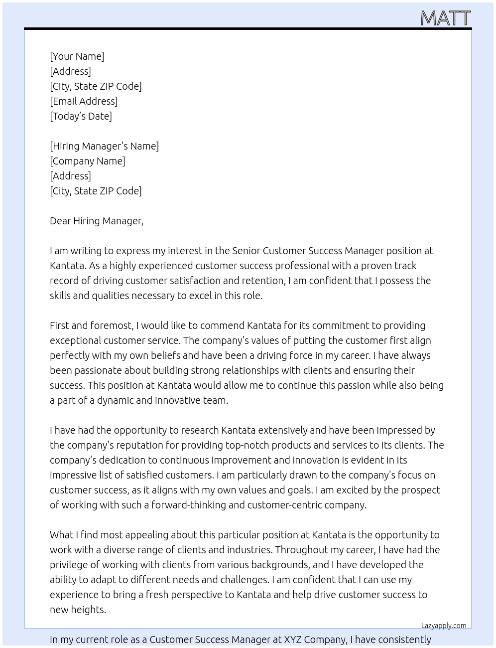 Senior Customer Success Manager At Kantata Cover Letter