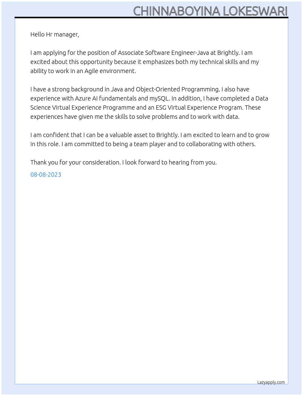 Associate Software Engineer-Java( At Brightly Cover Letter