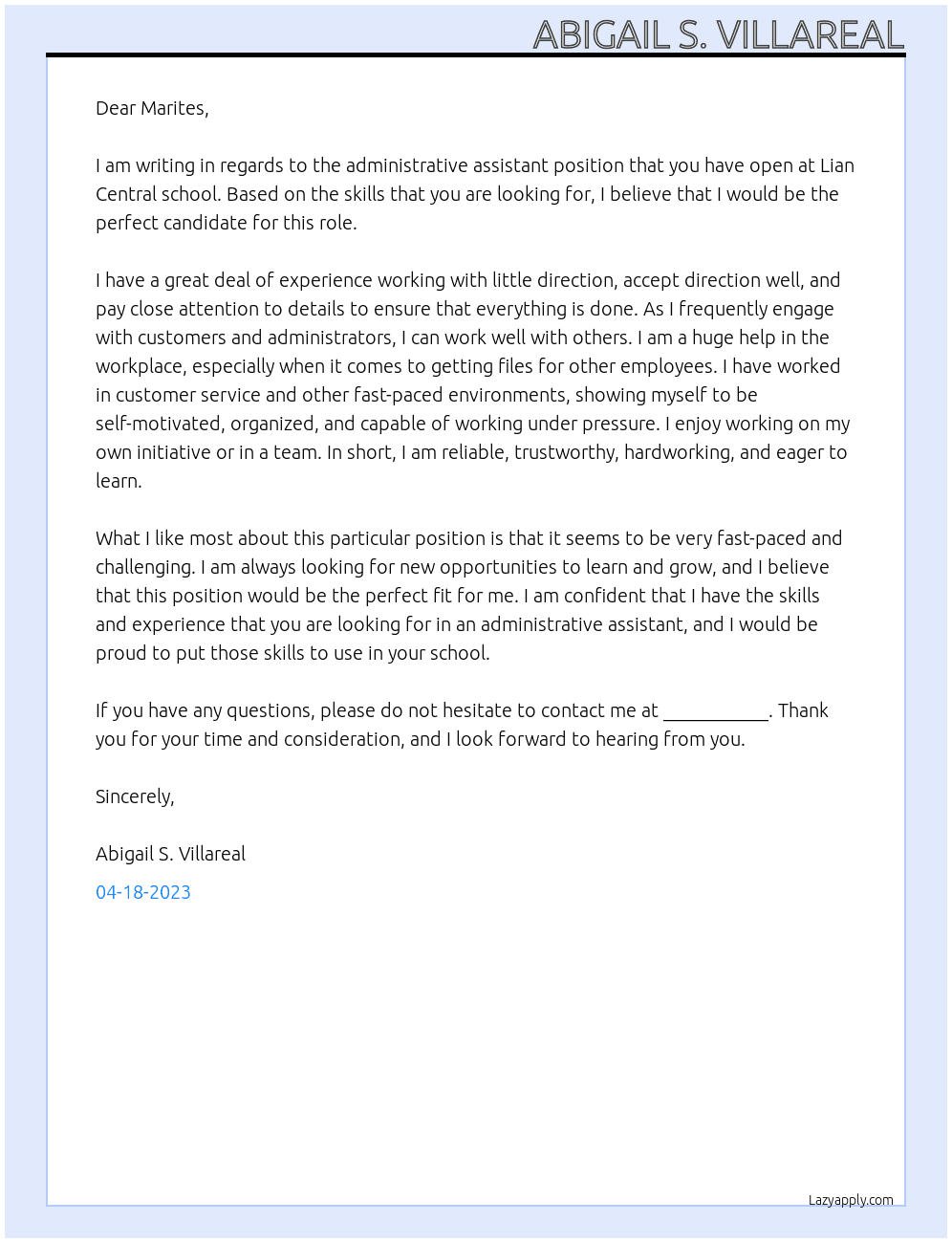 Administrative Assistant At Lian Central school Cover Letter