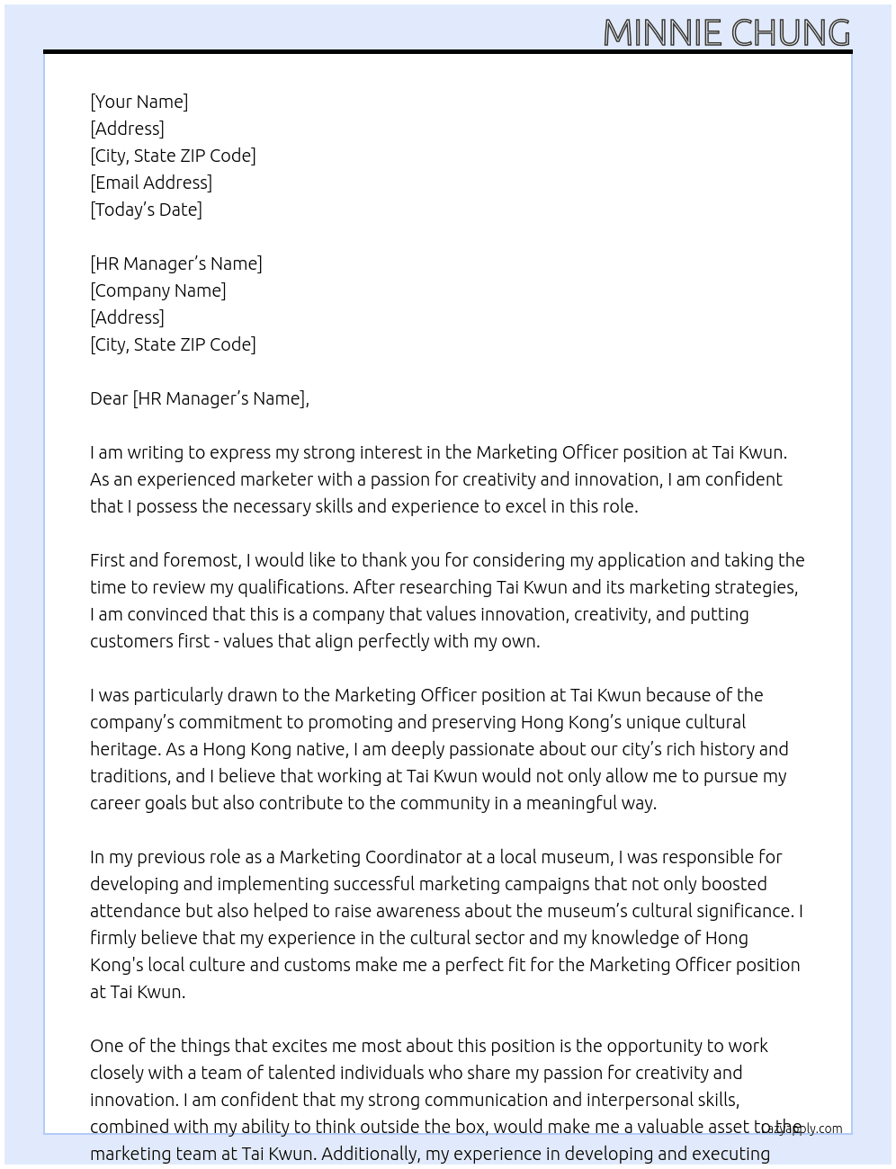 marketing officer At Tai Kwun Cover Letter