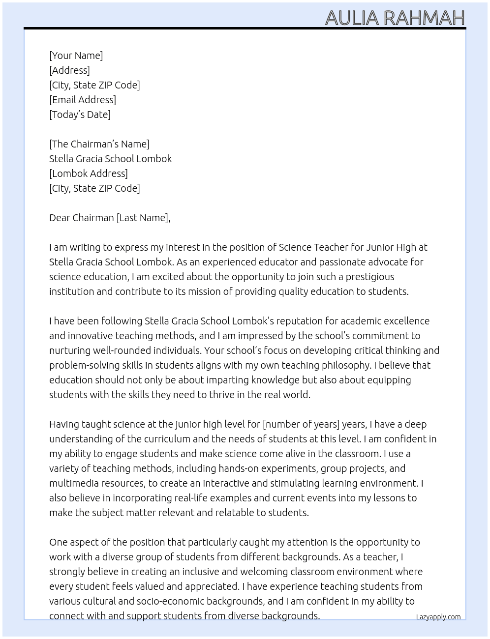 Stella Gracia School Lombok At Science Teachers - Junior High Cover Letter