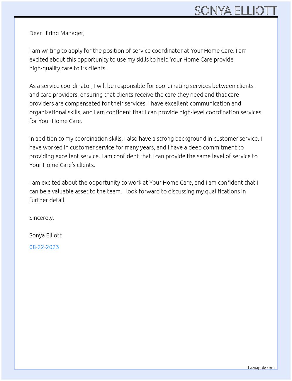 service coordinator At Your home care Cover Letter