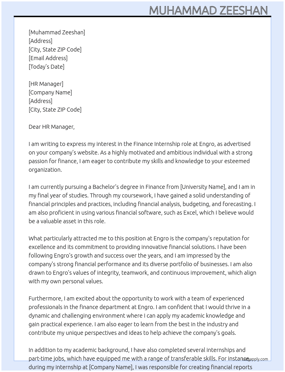 Finance  At Engro Cover Letter