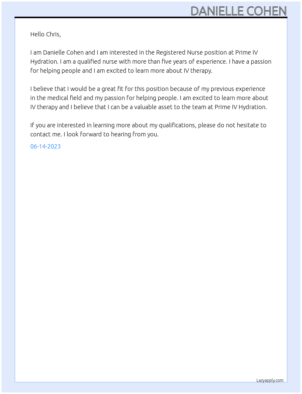 Registered Nurse At Prime IV Hydration Cover Letter