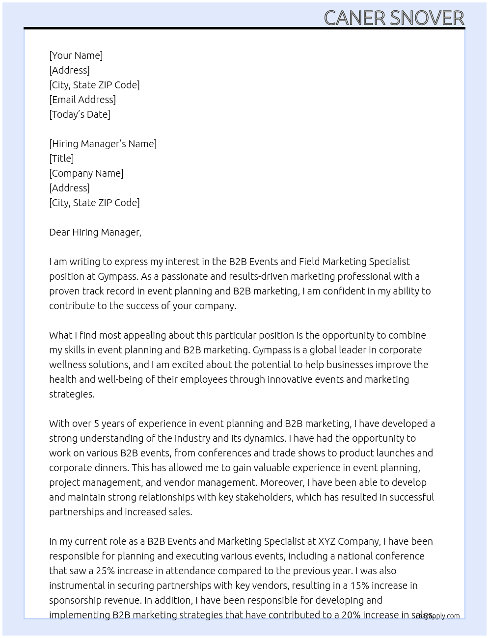 B2B Events and Field Marketing Specialist At Gympass Cover Letter