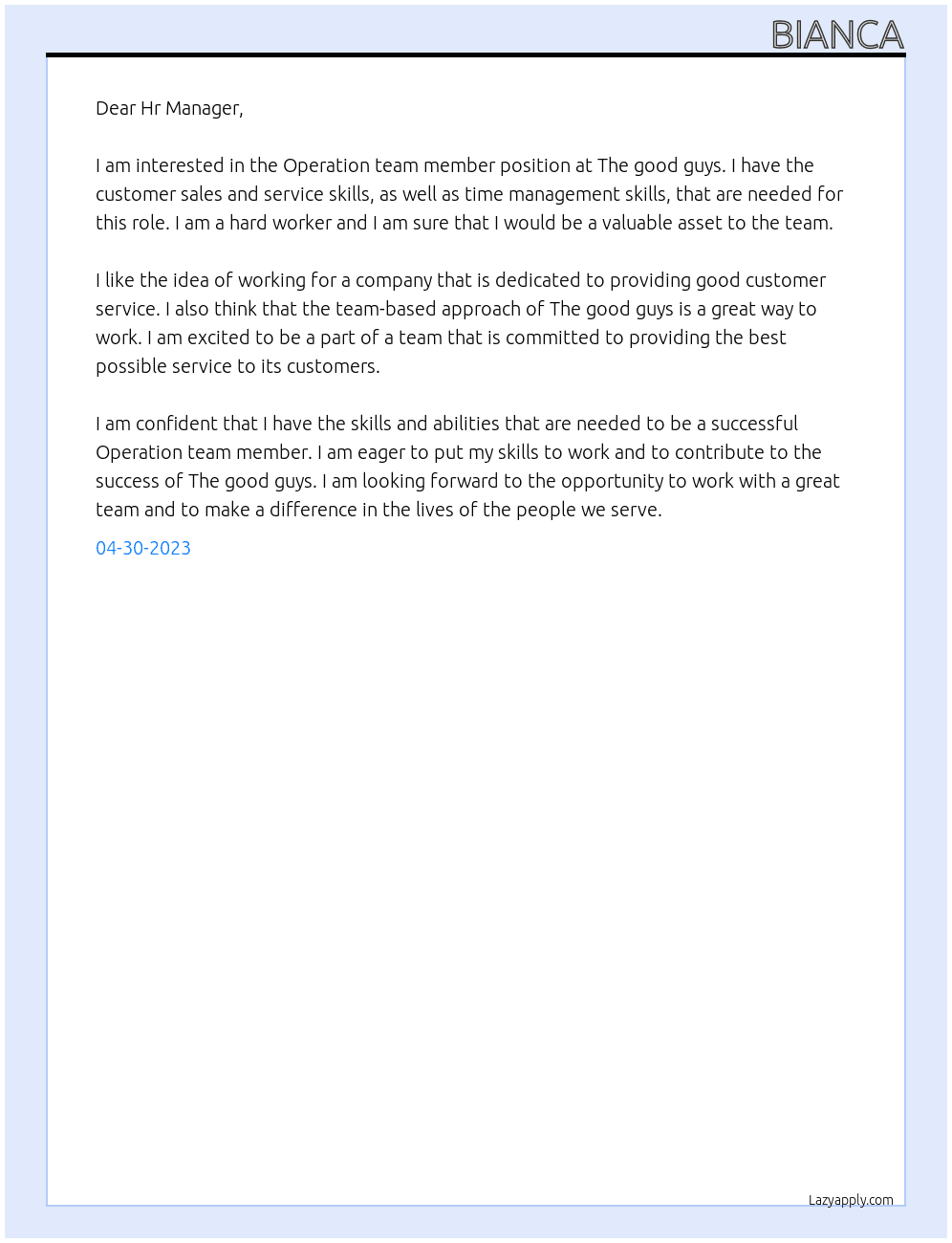 Operation team member At The good guys Cover Letter